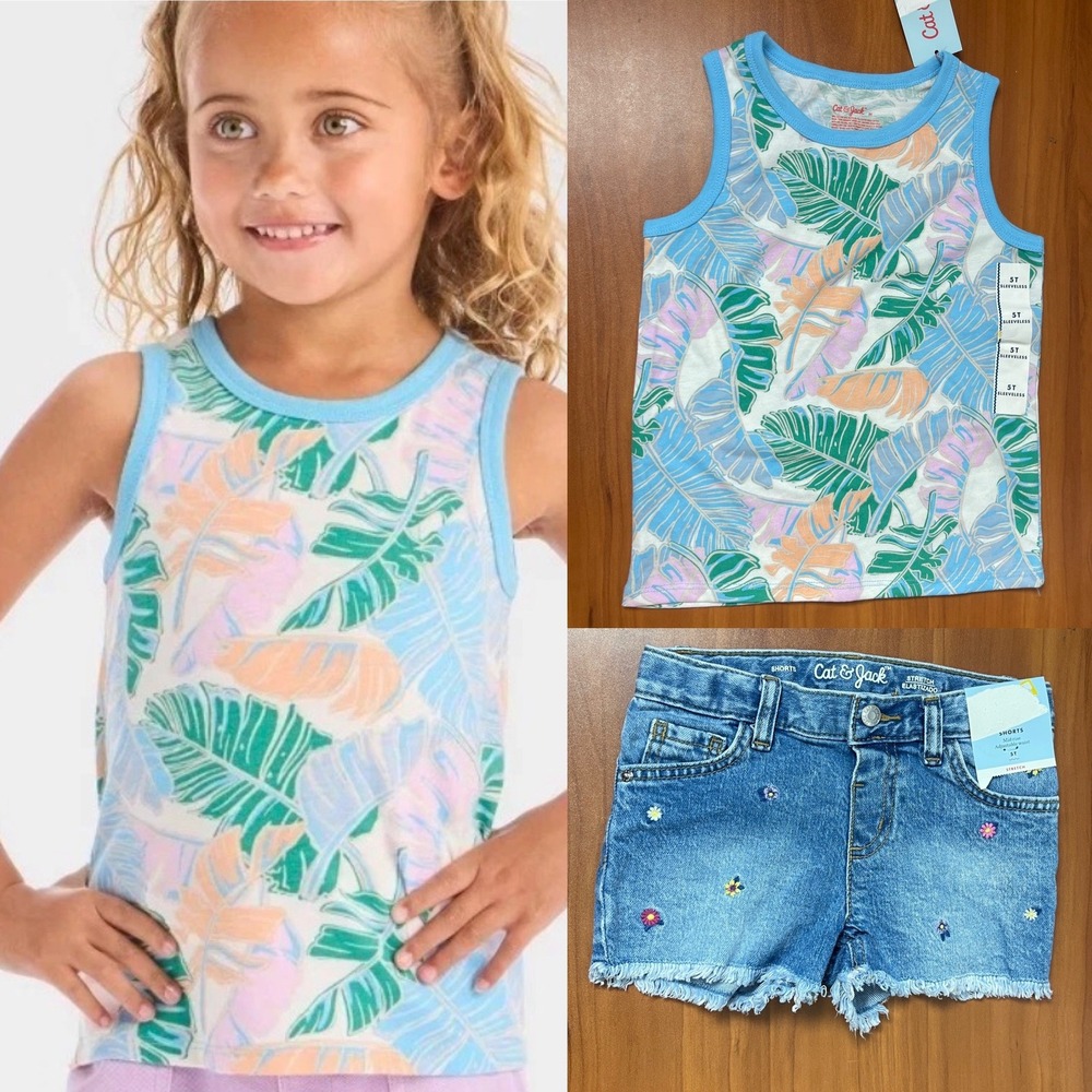 Cat & Jack Girls 5T Tropical Tank Top & Embroidered Denim Shorts Summer Outfit